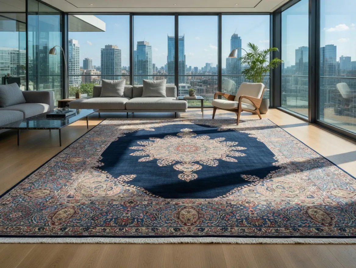 feinster " KIRMAN " 390x320cm - tiefblaues Mittelfeld - Top Zustand - sehr selten geworden