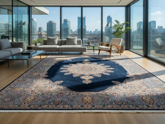 feinster " KIRMAN " 390x320cm - tiefblaues Mittelfeld - Top Zustand - sehr selten geworden